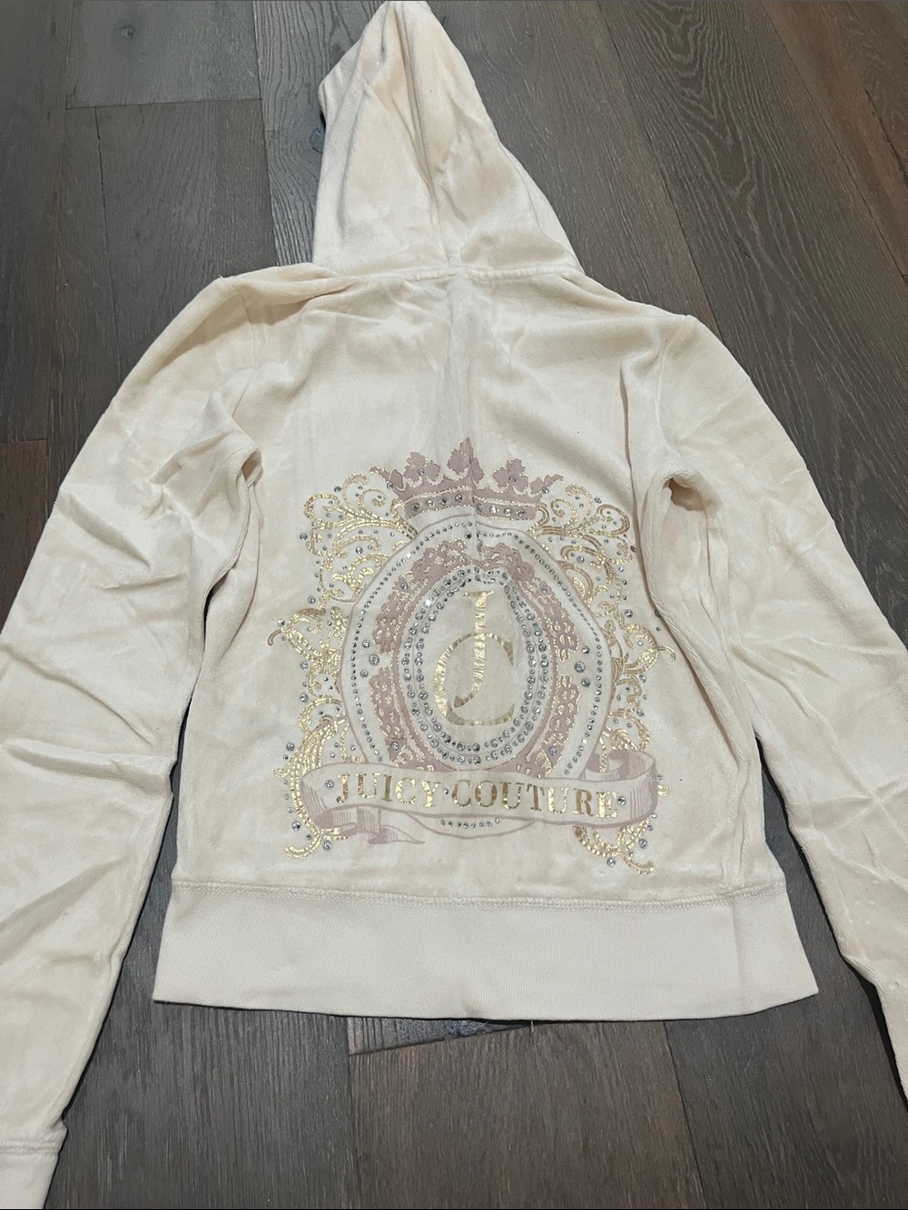 Juicy Couture Cream Velour Hoodie with Gold & Pink Crest